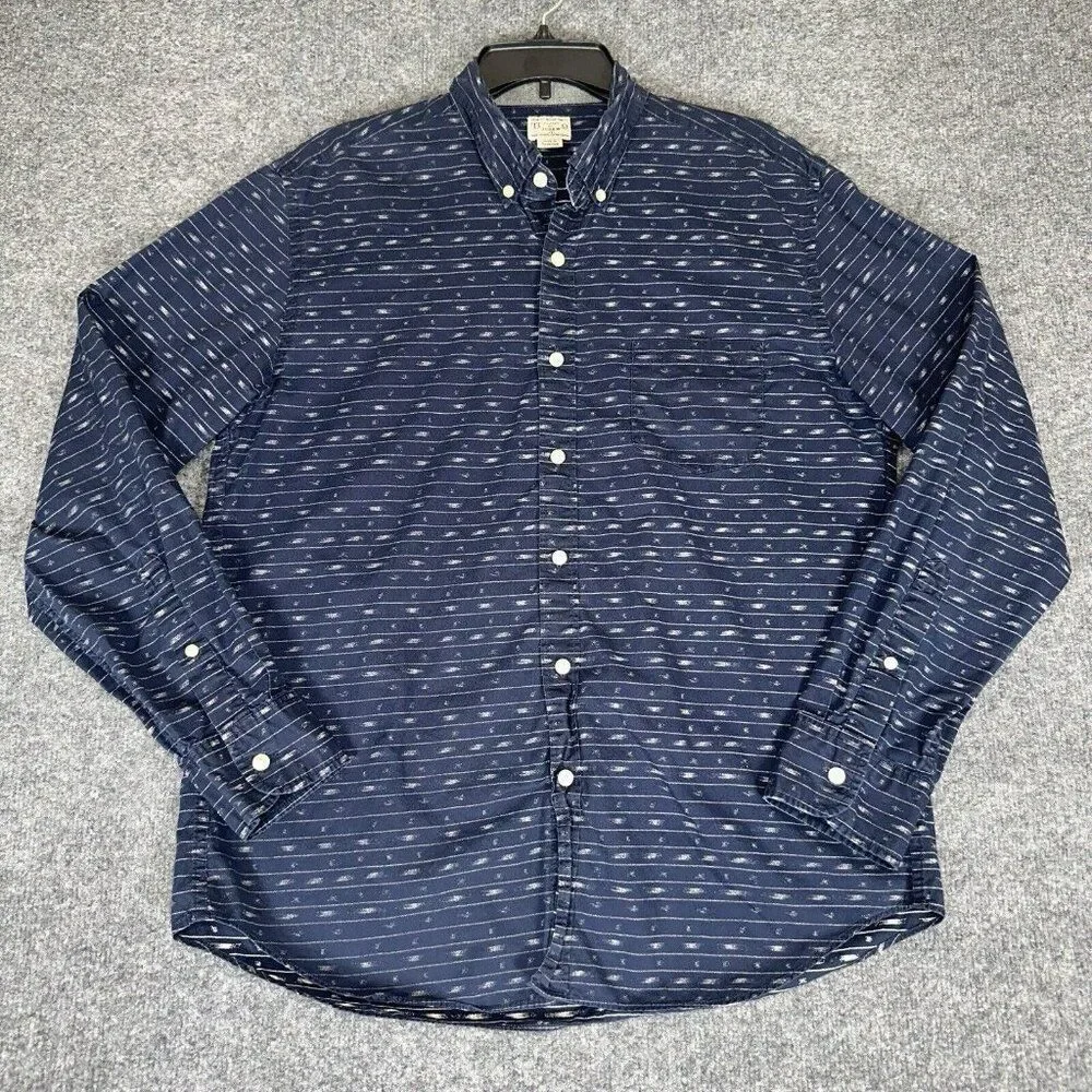 J.Crew‎ Shirt Mens L Blue Geometric Woven Long Sleeve Button Down Pocket Adult